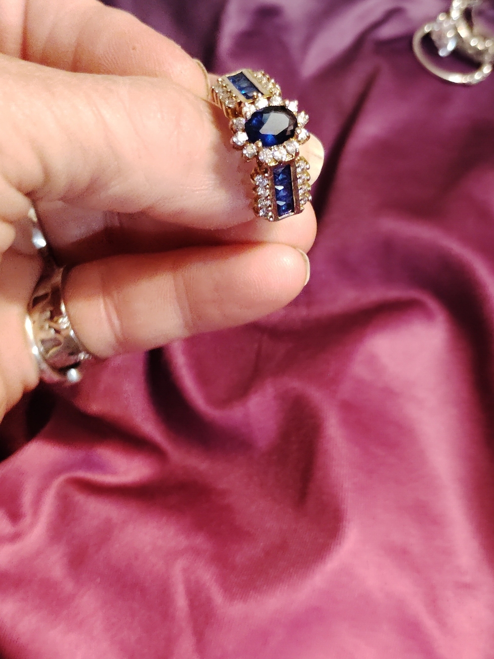Gold-Tone Women's Ring with Deep Blue Center Crystal